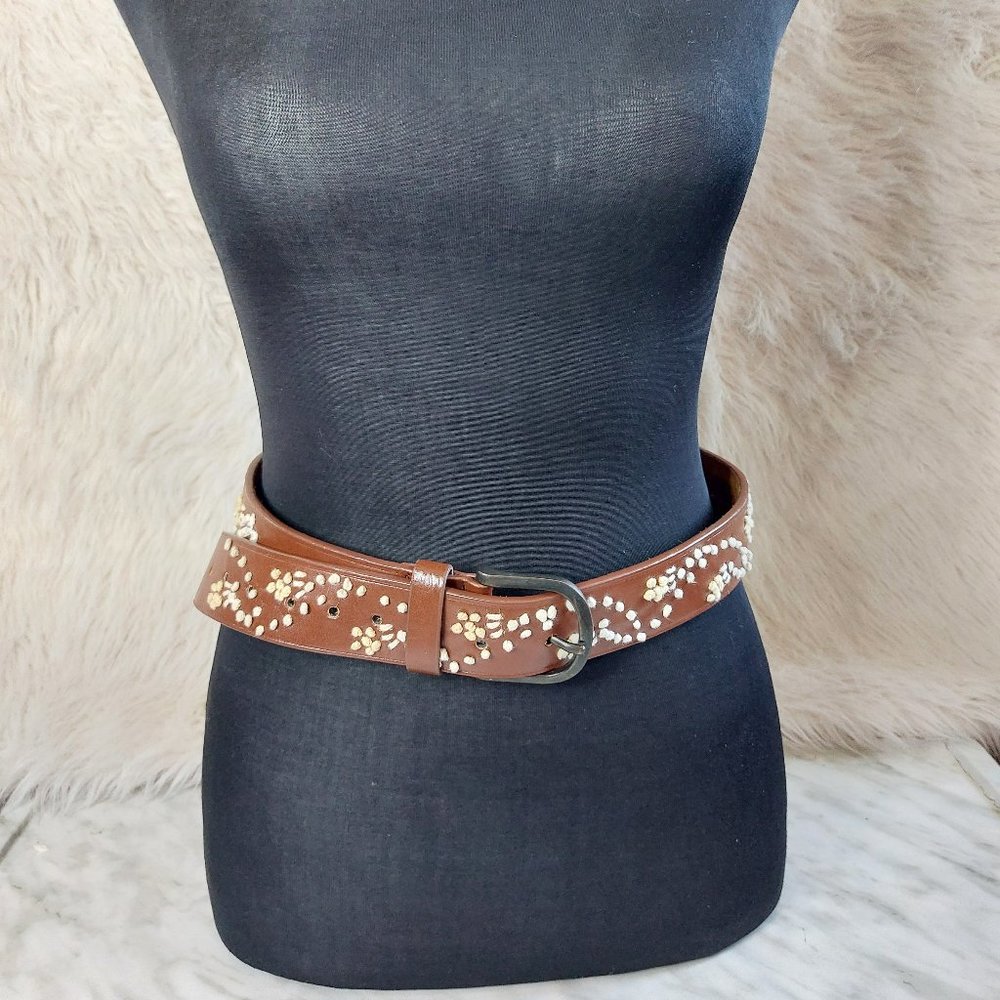 Steve & Barry's Women's Brown Leather Gunmetal Buckle Boho Rope Embroidered Belt